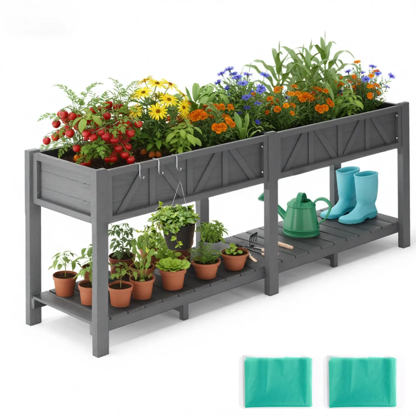 Hochbeet 183x44x73cm, Wetterfestes Pflanzkübel Außen mit Ablagefach, 6 Haken & 2 Vlieseinlagen, Für Gemüse Blumen Kräuter, Garten Balkon Terrasse, Grau - Bild 1