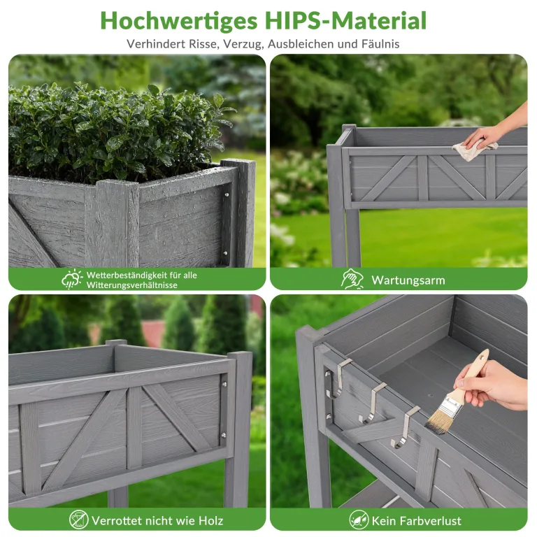 Hochbeet 183x44x73cm, Wetterfestes Pflanzkübel Außen mit Ablagefach, 6 Haken & 2 Vlieseinlagen, Für Gemüse Blumen Kräuter, Garten Balkon Terrasse, Grau – Bild 5