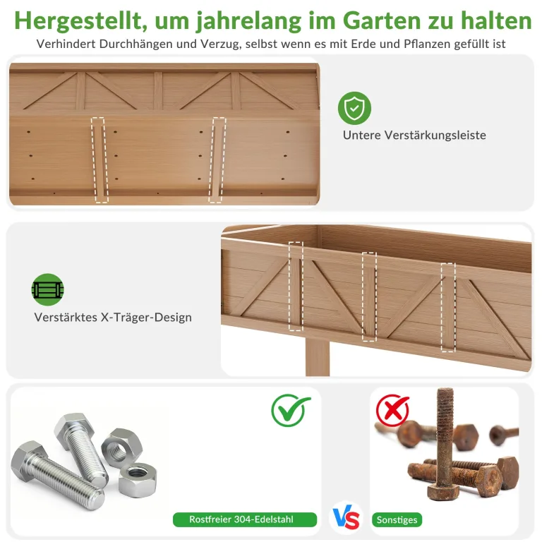 Hochbeet 120x44x70cm, Metall Hochbeet mit Rollen & Griff, 3 Haken & Vlieseinlage, Für Gemüse Blumen Kräuter, Garten Balkon Terrasse, Teak Optik – Bild 4
