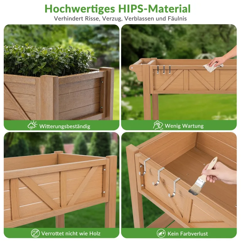 Hochbeet 120x44x70cm, Metall Hochbeet mit Rollen & Griff, 3 Haken & Vlieseinlage, Für Gemüse Blumen Kräuter, Garten Balkon Terrasse, Teak Optik – Bild 6