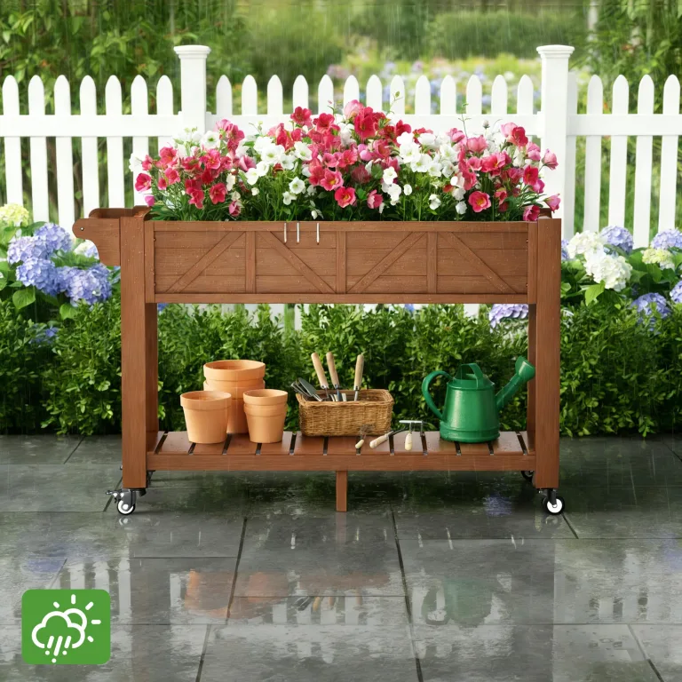 Hochbeet 120x44x70cm, Metall Hochbeet mit Rollen & Griff, 3 Haken & Vlieseinlage, Für Gemüse Blumen Kräuter, Garten Balkon Terrasse, Teak Optik – Bild 8