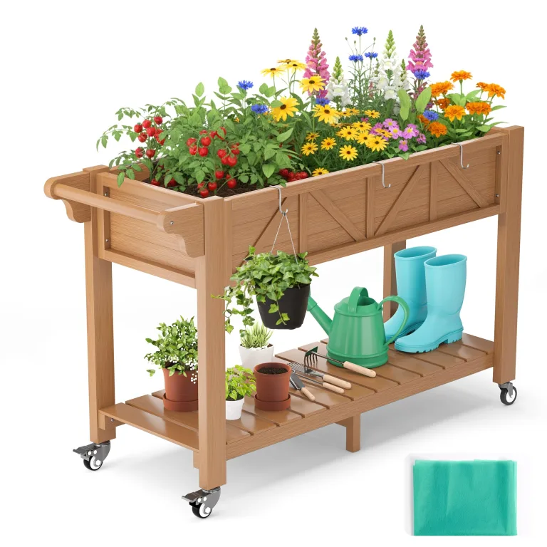 Hochbeet 120x44x70cm, Metall Hochbeet mit Rollen & Griff, 3 Haken & Vlieseinlage, Für Gemüse Blumen Kräuter, Garten Balkon Terrasse, Teak Optik – Bild 1