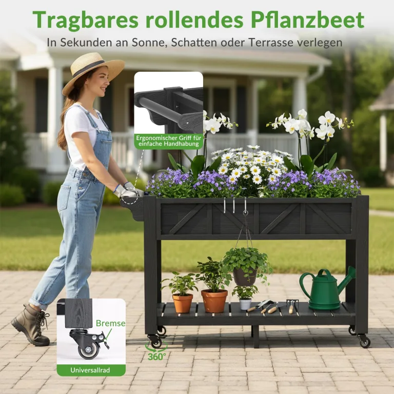 Hochbeet 120x44x70cm, Metall Hochbeet mit Rollen & Griff, 3 Haken & Vlieseinlage, Für Gemüse Blumen Kräuter, Garten Balkon Terrasse, Schwarz | 3 Haken und Vliesfutter, für den Außenbereich, für Gemüse, Blumen, Kräuter, Garten, Balkon, Terrasse – Bild 3