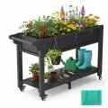Hochbeet 120x44x70cm, Metall Hochbeet mit Rollen & Griff, 3 Haken & Vlieseinlage, Für Gemüse Blumen Kräuter, Garten Balkon Terrasse, Schwarz | 3 Haken und Vliesfutter, für den Außenbereich, für Gemüse, Blumen, Kräuter, Garten, Balkon, Terrasse - Thumbnail 1
