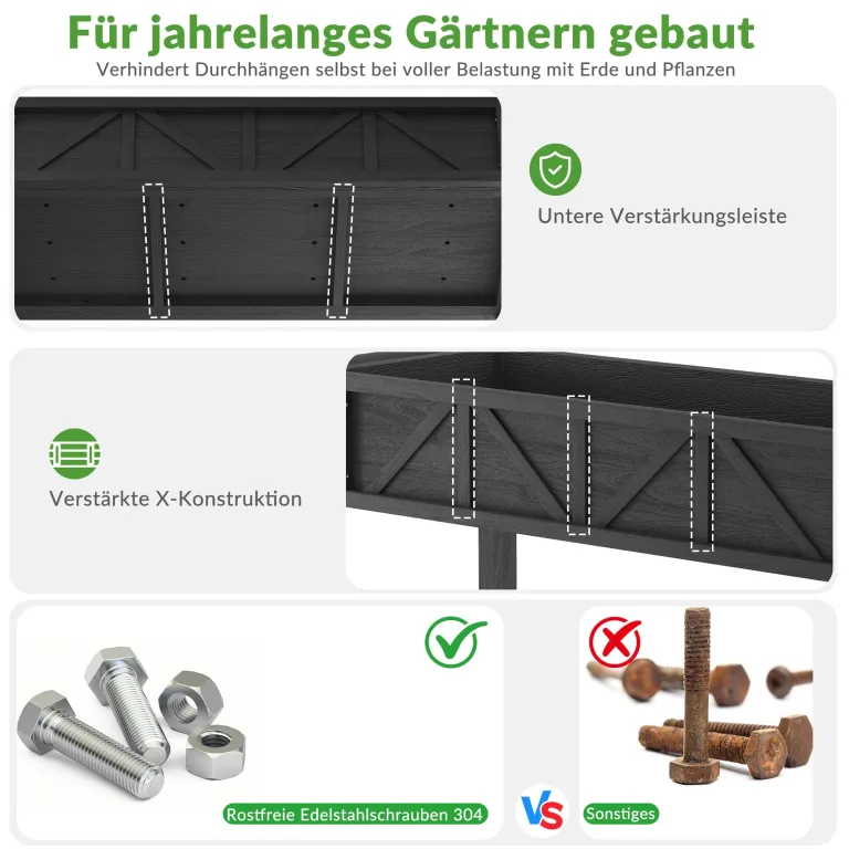 Hochbeet 183x44x73cm, Wetterfestes Pflanzkübel Außen mit Ablagefach, 6 Haken & 2 Vlieseinlagen, Für Gemüse Blumen Kräuter, Garten Balkon Terrasse, Schwarz – Bild 3