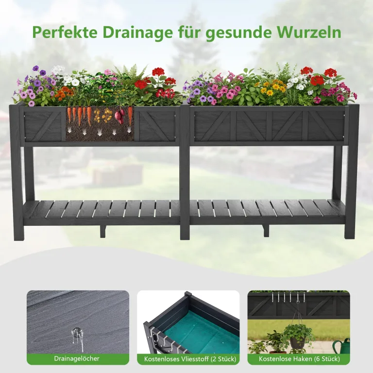 Hochbeet 183x44x73cm, Wetterfestes Pflanzkübel Außen mit Ablagefach, 6 Haken & 2 Vlieseinlagen, Für Gemüse Blumen Kräuter, Garten Balkon Terrasse, Schwarz – Bild 4