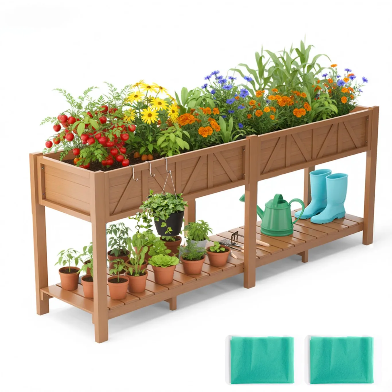Hochbeet 183x44x73cm, Wetterfestes Pflanzkübel Außen mit Ablagefach, 6 Haken & 2 Vlieseinlagen, Für Gemüse Blumen Kräuter, Garten Balkon Terrasse, Teak Optik - Bild 1