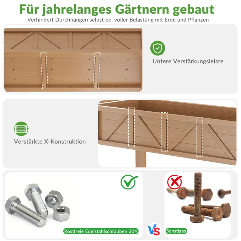 Hochbeet 183x44x73cm, Wetterfestes Pflanzkübel Außen mit Ablagefach, 6 Haken & 2 Vlieseinlagen, Für Gemüse Blumen Kräuter, Garten Balkon Terrasse, Teak Optik – Bild 3