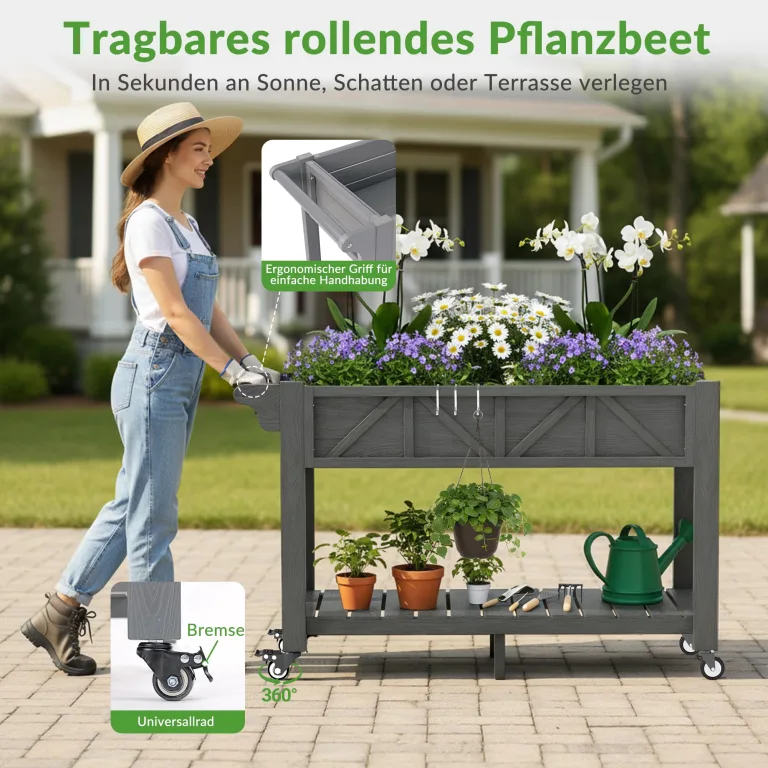 Hochbeet 120x44x70cm, Metall Hochbeet mit Rollen & Griff, 3 Haken & Vlieseinlage, Für Gemüse Blumen Kräuter, Garten Balkon Terrasse, Grau – Bild 3