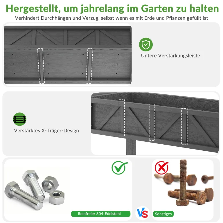 Hochbeet 120x44x70cm, Metall Hochbeet mit Rollen & Griff, 3 Haken & Vlieseinlage, Für Gemüse Blumen Kräuter, Garten Balkon Terrasse, Grau – Bild 4