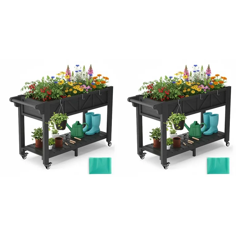 Hochbeet 120x44x70cm, Metall Hochbeet mit Rollen & Griff, 3 Haken & Vlieseinlage, Für Gemüse Blumen Kräuter, Garten Balkon Terrasse, Grau – Bild 9