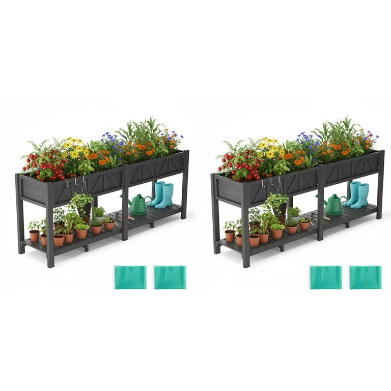 Hochbeet 120x44x70cm, Metall Hochbeet mit Rollen & Griff, 3 Haken & Vlieseinlage, Für Gemüse Blumen Kräuter, Garten Balkon Terrasse, Grau – Bild 10
