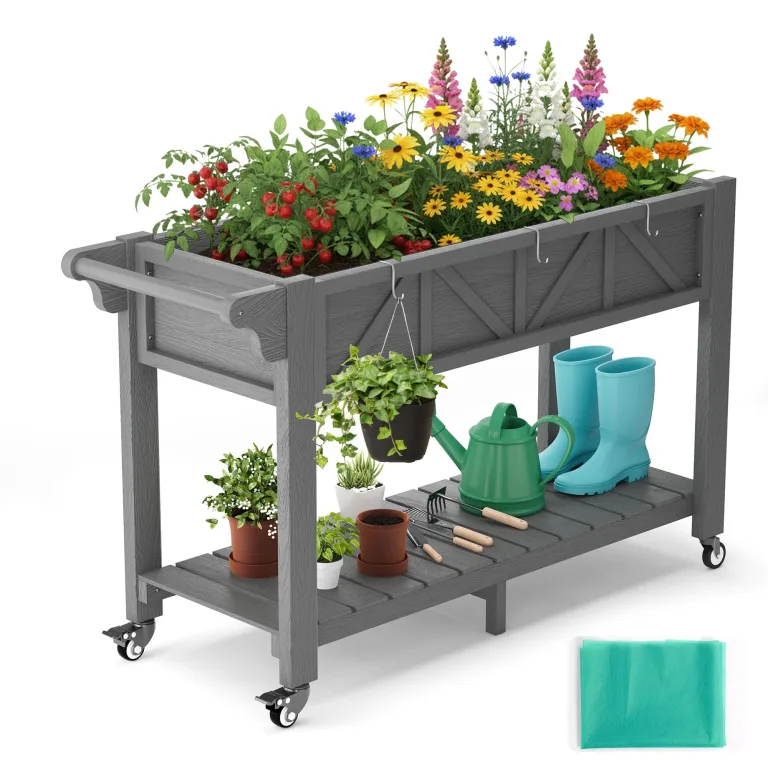 Hochbeet 120x44x70cm, Metall Hochbeet mit Rollen & Griff, 3 Haken & Vlieseinlage, Für Gemüse Blumen Kräuter, Garten Balkon Terrasse, Grau – Bild 1