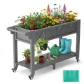 Hochbeet 120x44x70cm, Metall Hochbeet mit Rollen & Griff, 3 Haken & Vlieseinlage, Für Gemüse Blumen Kräuter, Garten Balkon Terrasse, Grau - Thumbnail 1