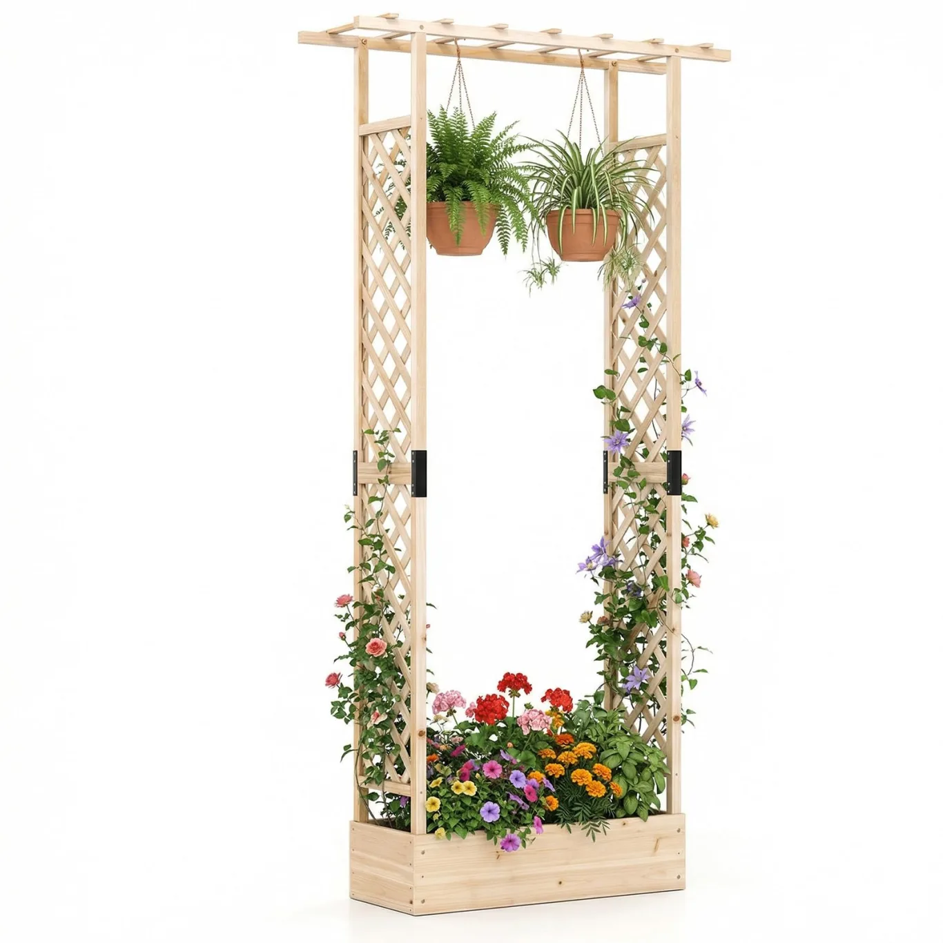 COSTWAY Blumenkasten mit Rankgitter, Pflanzkasten mit Rankhilfe & hängendem Dach, Hochbeet für Kletterpflanzen & hängende Körbe, Sichtschutz Pflanzkübel, für Garten Hof Terrasse (110x35x227 cm,Natur) - Bild 1