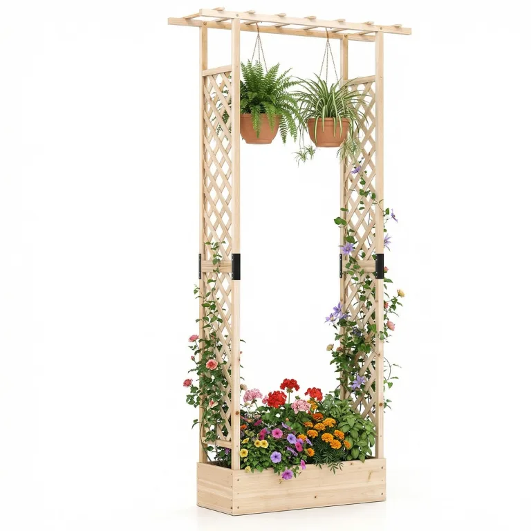COSTWAY Blumenkasten mit Rankgitter, Pflanzkasten mit Rankhilfe & hängendem Dach, Hochbeet für Kletterpflanzen & hängende Körbe, Sichtschutz Pflanzkübel, für Garten Hof Terrasse (110x35x227 cm,Natur) – Bild 1