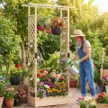 COSTWAY Blumenkasten mit Rankgitter, Pflanzkasten mit Rankhilfe & hängendem Dach, Hochbeet für Kletterpflanzen & hängende Körbe, Sichtschutz Pflanzkübel, für Garten Hof Terrasse (110x35x227 cm,Natur) - Thumbnail 9
