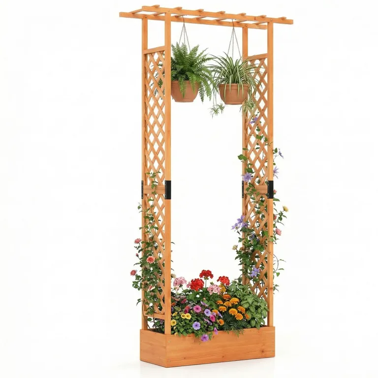 COSTWAY Blumenkasten mit Rankgitter, Pflanzkasten mit Rankhilfe & hängendem Dach, Hochbeet für Kletterpflanzen & hängende Körbe, Sichtschutz Pflanzkübel, für Garten Hof Terrasse (110x35x227 cm,Orange) – Bild 1