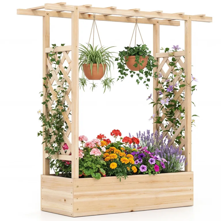 COSTWAY Blumenkasten mit Rankgitter, Pflanzkasten mit Rankhilfe & hängendem Dach, Hochbeet für Kletterpflanzen, hängende Körbe, Sichtschutz Pflanzkübel für Garten Hof Terrasse (110x35x114 cm, Natur) – Bild 1
