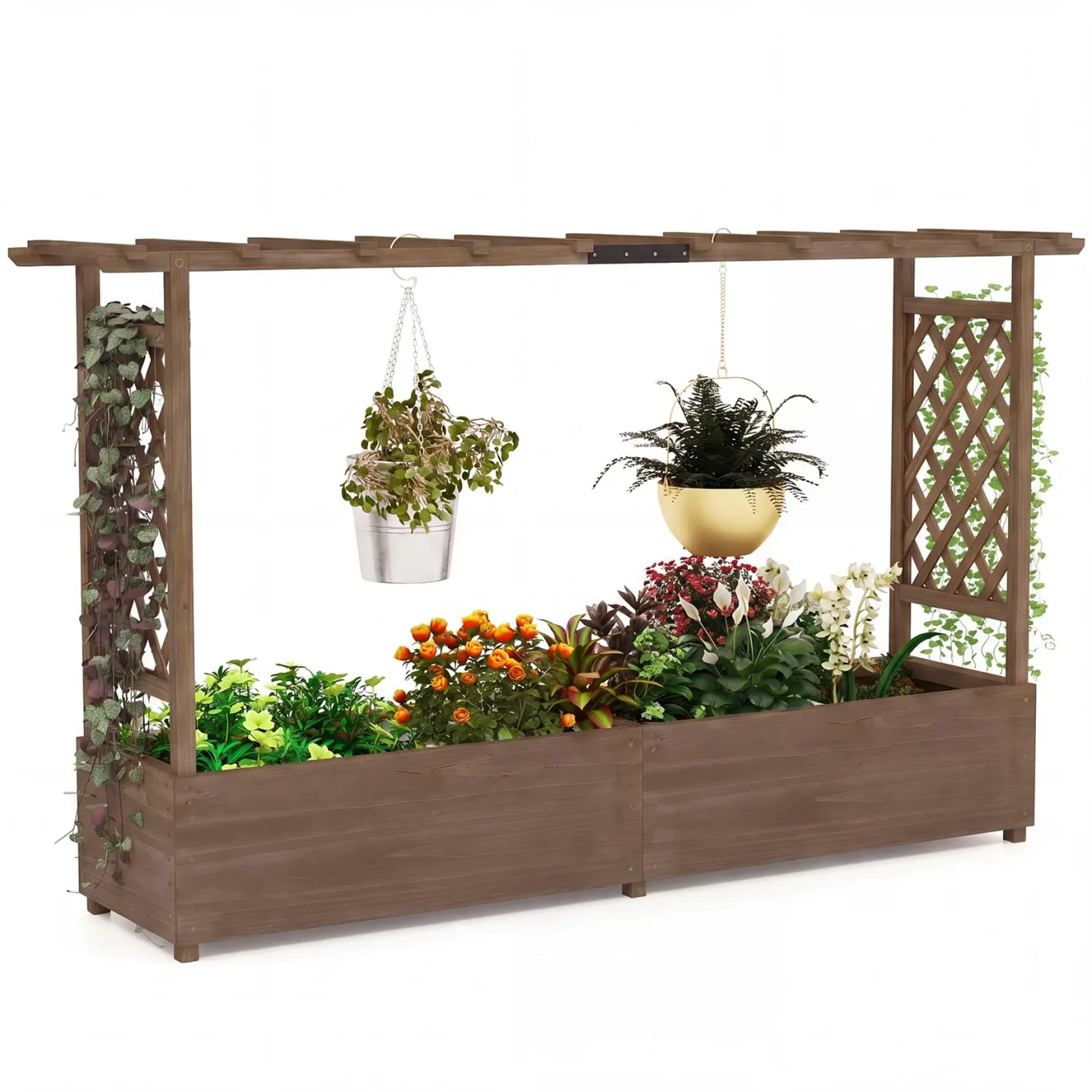 COSTWAY Blumenkasten mit Rankgitter & hängendem Dach, Pflanzkasten mit Rankhilfe, Hochbeet für Kletterpflanzen & hängende Körbe, für Hof Garten Terrasse, Pflanzkübel Holz, Braun (200x44x114cm) - Bild 1