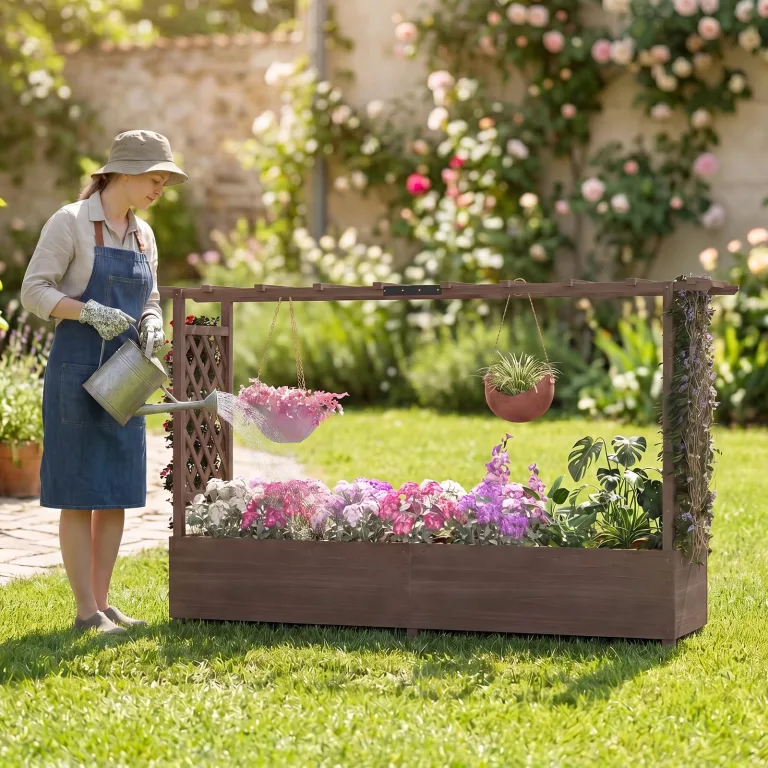 COSTWAY Blumenkasten mit Rankgitter & hängendem Dach, Pflanzkasten mit Rankhilfe, Hochbeet für Kletterpflanzen & hängende Körbe, für Hof Garten Terrasse, Pflanzkübel Holz, Braun (200x44x114cm) – Bild 2