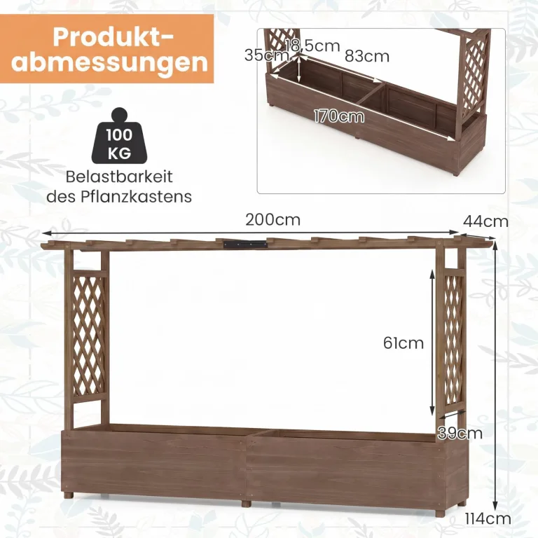 COSTWAY Blumenkasten mit Rankgitter & hängendem Dach, Pflanzkasten mit Rankhilfe, Hochbeet für Kletterpflanzen & hängende Körbe, für Hof Garten Terrasse, Pflanzkübel Holz, Braun (200x44x114cm) – Bild 3