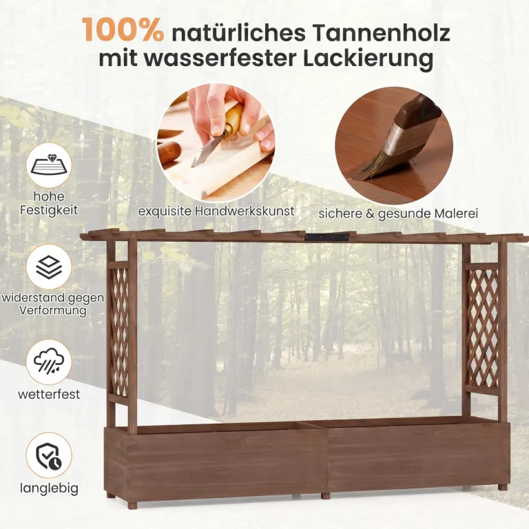 COSTWAY Blumenkasten mit Rankgitter & hängendem Dach, Pflanzkasten mit Rankhilfe, Hochbeet für Kletterpflanzen & hängende Körbe, für Hof Garten Terrasse, Pflanzkübel Holz, Braun (200x44x114cm) – Bild 5