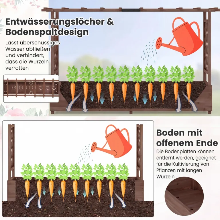 COSTWAY Blumenkasten mit Rankgitter & hängendem Dach, Pflanzkasten mit Rankhilfe, Hochbeet für Kletterpflanzen & hängende Körbe, für Hof Garten Terrasse, Pflanzkübel Holz, Braun (200x44x114cm) – Bild 6