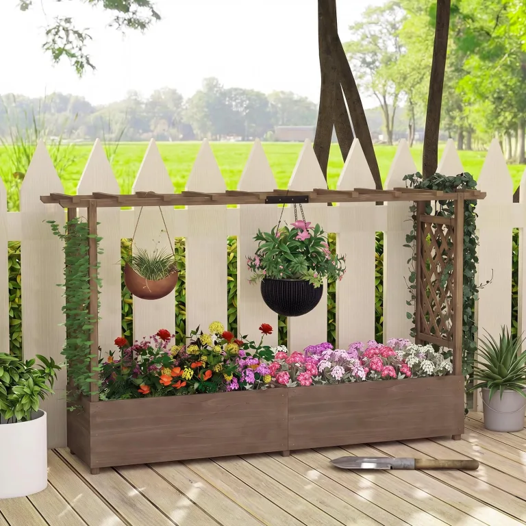 COSTWAY Blumenkasten mit Rankgitter & hängendem Dach, Pflanzkasten mit Rankhilfe, Hochbeet für Kletterpflanzen & hängende Körbe, für Hof Garten Terrasse, Pflanzkübel Holz, Braun (200x44x114cm) – Bild 8