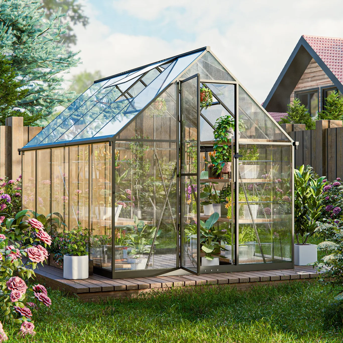 Polycarbonat-Gewächshaus,278x175x195cm,Robustes Walk-in Garten Gewächshaus mit 4mm PC-Paneelen, Dachlüftung & abschließbarer Tür, Aluminiumrahmen Winterfestes Gewächshaus für Garten & Hinterhof - Bild 1