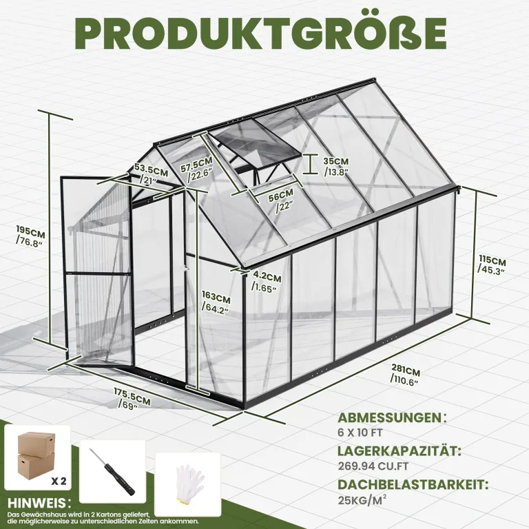 Polycarbonat-Gewächshaus,278x175x195cm,Robustes Walk-in Garten Gewächshaus mit 4mm PC-Paneelen, Dachlüftung & abschließbarer Tür, Aluminiumrahmen Winterfestes Gewächshaus für Garten & Hinterhof – Bild 3