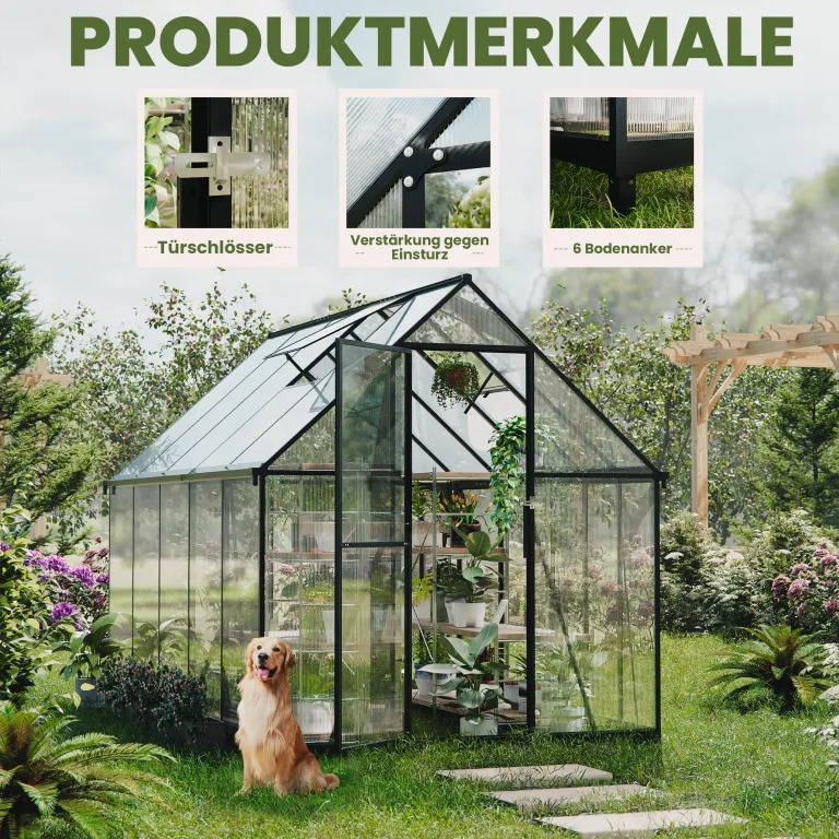Polycarbonat-Gewächshaus,278x175x195cm,Robustes Walk-in Garten Gewächshaus mit 4mm PC-Paneelen, Dachlüftung & abschließbarer Tür, Aluminiumrahmen Winterfestes Gewächshaus für Garten & Hinterhof – Bild 5