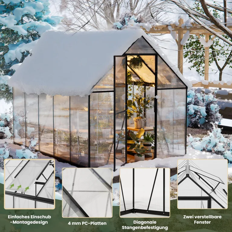 Polycarbonat-Gewächshaus,278x175x195cm,Robustes Walk-in Garten Gewächshaus mit 4mm PC-Paneelen, Dachlüftung & abschließbarer Tür, Aluminiumrahmen Winterfestes Gewächshaus für Garten & Hinterhof – Bild 7