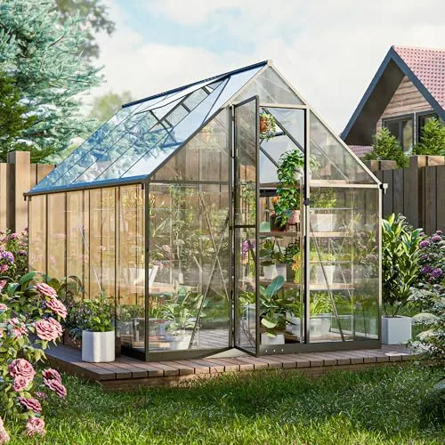 Polycarbonat-Gewächshaus,278x175x195cm,Robustes Walk-in Garten Gewächshaus mit 4mm PC-Paneelen, Dachlüftung & abschließbarer Tür, Aluminiumrahmen Winterfestes Gewächshaus für Garten & Hinterhof – Bild 9