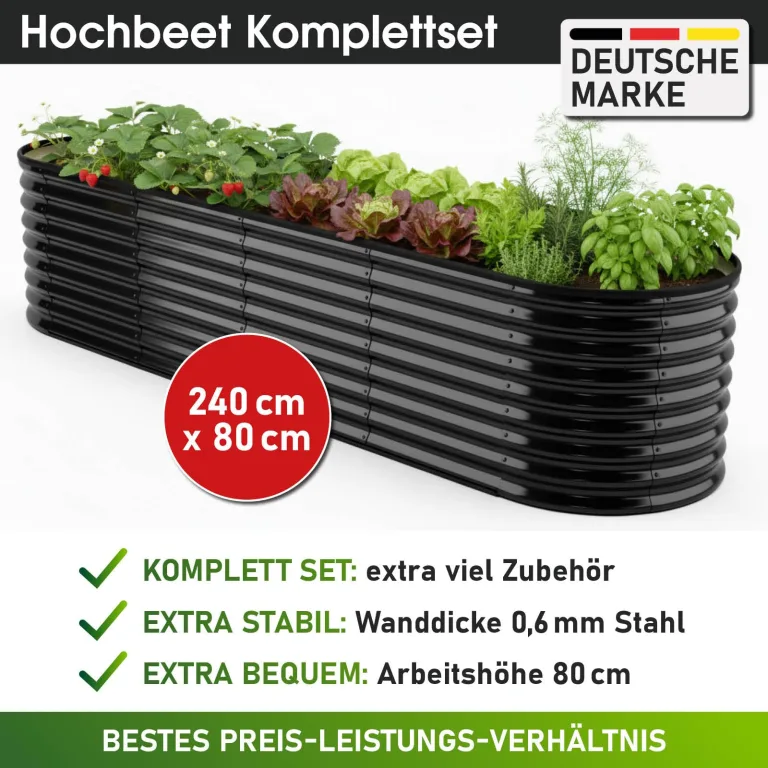 BRAST Hochbeet Metall Julia | 160x80x80-400x80x80cm | viele Modelle | extra viel Zubehör | Stahl rostfrei & verzinkt | wetterfest ovale Form | für Gemüse Obst Kräuter & Blumen | 240x80x80cm Schwarz – Bild 7
