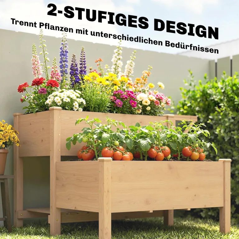 Outsunny Hochbeet 2-stufig erhöhter Pflanzkasten mit Vliesstoff Abflussloch Seitentisch, Holz Gemüsebeet Blumenkasten für Garten Balkon 119,5 x 102 x 76,5 cm Hellbraun – Bild 3