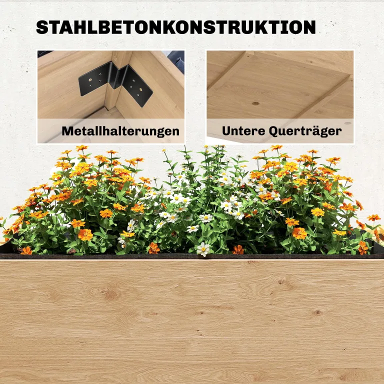 Outsunny Hochbeet 2-stufig erhöhter Pflanzkasten mit Vliesstoff Abflussloch Seitentisch, Holz Gemüsebeet Blumenkasten für Garten Balkon 119,5 x 102 x 76,5 cm Hellbraun – Bild 6