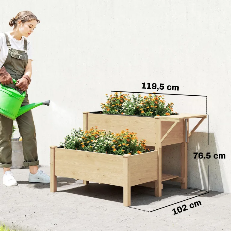 Outsunny Hochbeet 2-stufig erhöhter Pflanzkasten mit Vliesstoff Abflussloch Seitentisch, Holz Gemüsebeet Blumenkasten für Garten Balkon 119,5 x 102 x 76,5 cm Hellbraun – Bild 7