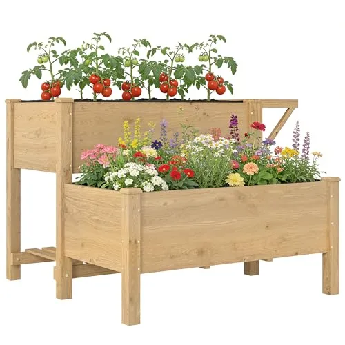 Outsunny Hochbeet 2-stufig erhöhter Pflanzkasten mit Vliesstoff Abflussloch Seitentisch, Holz Gemüsebeet Blumenkasten für Garten Balkon 119,5 x 102 x 76,5 cm Hellbraun – Bild 10
