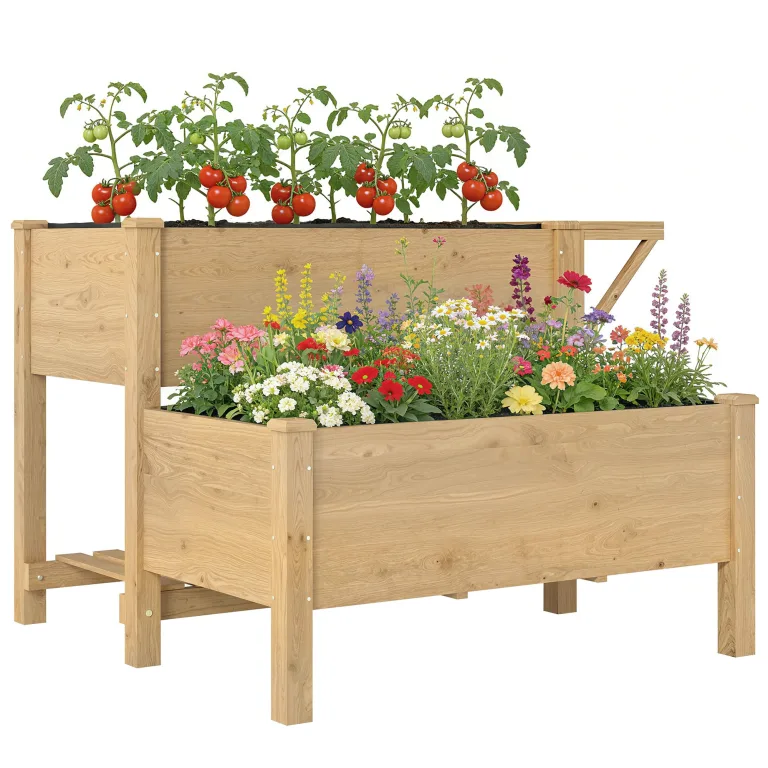 Outsunny Hochbeet 2-stufig erhöhter Pflanzkasten mit Vliesstoff Abflussloch Seitentisch, Holz Gemüsebeet Blumenkasten für Garten Balkon 119,5 x 102 x 76,5 cm Hellbraun – Bild 1