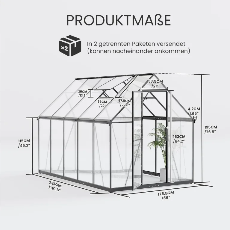ALAULM Polycarbonat-Gewächshaus 175x281x195cm, mit abschließbarer Tür, Satteldach, Lüftungsfenster & Regenrinnen, Wetterfest für Terrasse & Garten (Schwarz) – Bild 2
