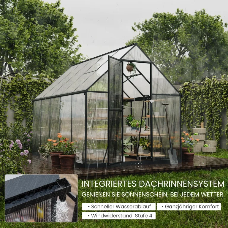 ALAULM Polycarbonat-Gewächshaus 175x281x195cm, mit abschließbarer Tür, Satteldach, Lüftungsfenster & Regenrinnen, Wetterfest für Terrasse & Garten (Schwarz) – Bild 3