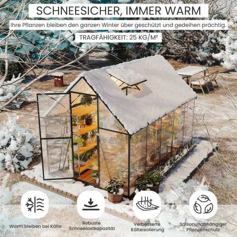 ALAULM Polycarbonat-Gewächshaus 175x281x195cm, mit abschließbarer Tür, Satteldach, Lüftungsfenster & Regenrinnen, Wetterfest für Terrasse & Garten (Schwarz) – Bild 4