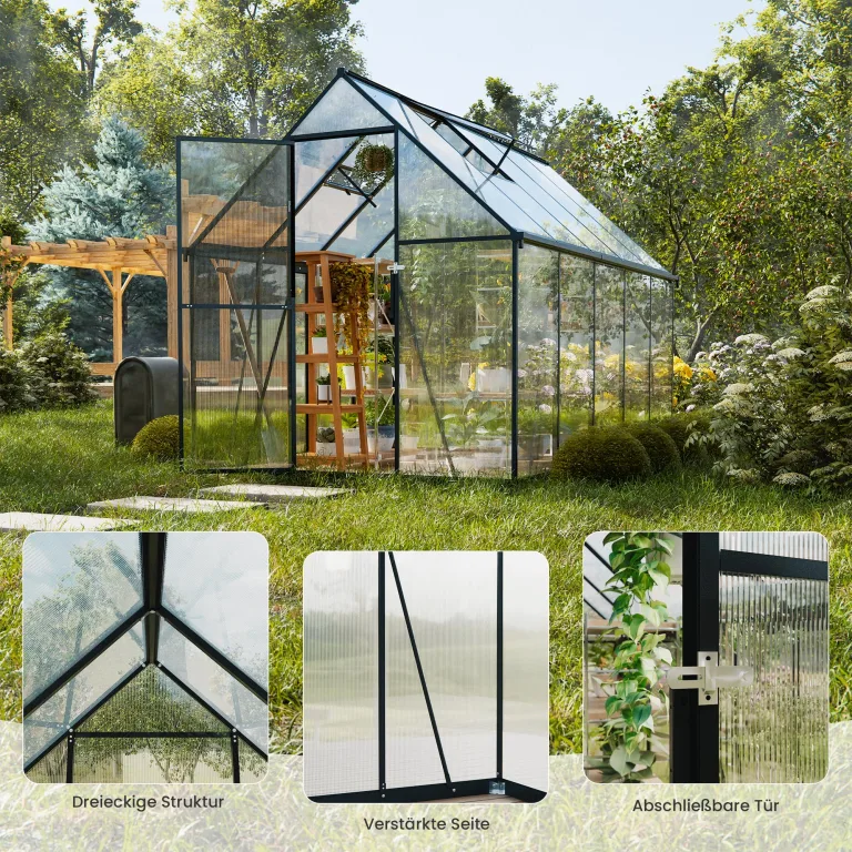 ALAULM Polycarbonat-Gewächshaus 175x281x195cm, mit abschließbarer Tür, Satteldach, Lüftungsfenster & Regenrinnen, Wetterfest für Terrasse & Garten (Schwarz) – Bild 5
