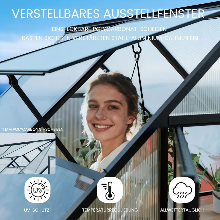 ALAULM Polycarbonat-Gewächshaus 175x281x195cm, mit abschließbarer Tür, Satteldach, Lüftungsfenster & Regenrinnen, Wetterfest für Terrasse & Garten (Schwarz) – Bild 6