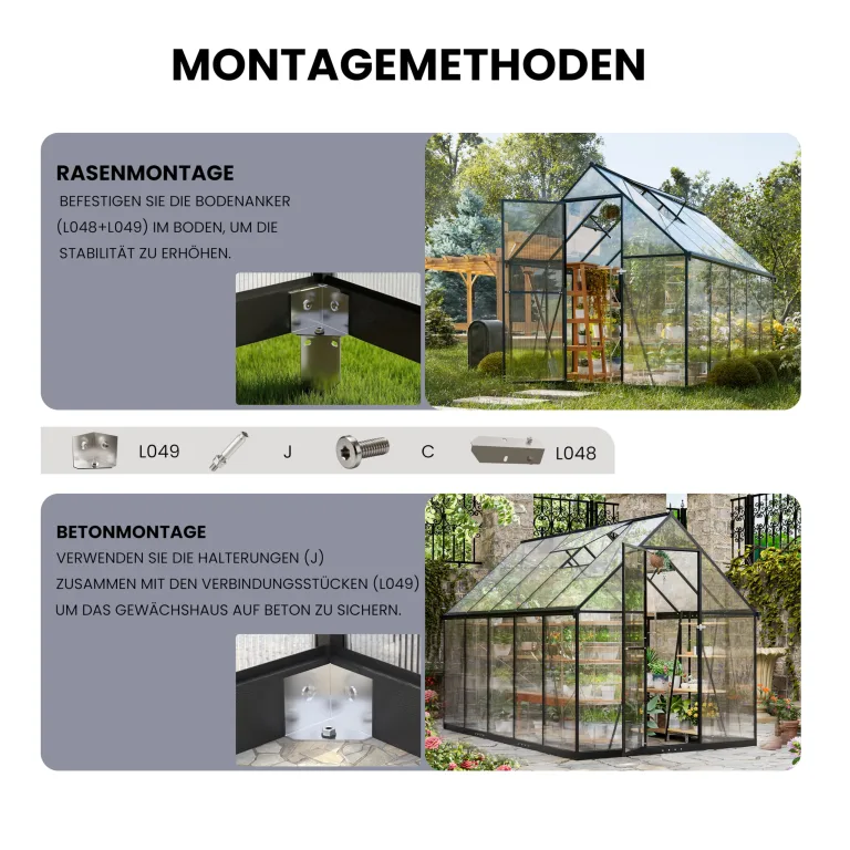 ALAULM Polycarbonat-Gewächshaus 175x281x195cm, mit abschließbarer Tür, Satteldach, Lüftungsfenster & Regenrinnen, Wetterfest für Terrasse & Garten (Schwarz) – Bild 7