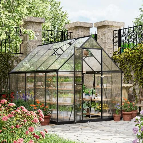 ALAULM Polycarbonat-Gewächshaus 175x281x195cm, mit abschließbarer Tür, Satteldach, Lüftungsfenster & Regenrinnen, Wetterfest für Terrasse & Garten (Schwarz) – Bild 10