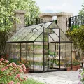 ALAULM Polycarbonat-Gewächshaus 175x281x195cm, mit abschließbarer Tür, Satteldach, Lüftungsfenster & Regenrinnen, Wetterfest für Terrasse & Garten (Schwarz) - Thumbnail 10
