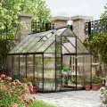 ALAULM Polycarbonat-Gewächshaus 175x281x195cm, mit abschließbarer Tür, Satteldach, Lüftungsfenster & Regenrinnen, Wetterfest für Terrasse & Garten (Schwarz) - Thumbnail 1