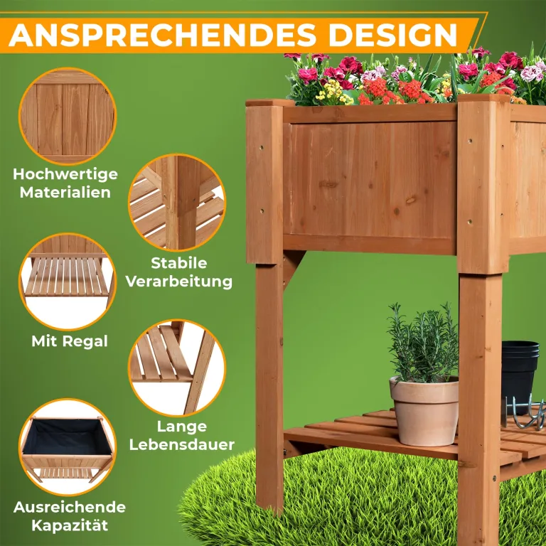 Coemo Hochbeet Holz 120 x 40 × 90 cm mit Ablageboden – Pflanztrog & Frühbeet für Balkon, Terrasse & Garten – Kräuterhochbeet mit Pflanzvlies – auch als Sichtschutz nutzbar – Bild 2